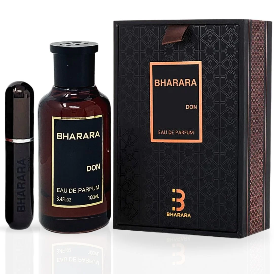 Bharara Don Eau de Parfum 100ML set featuring a full-size bottle, sleek black travel spray, and black gift box with orange geometric detailing – bold masculine fragrance.