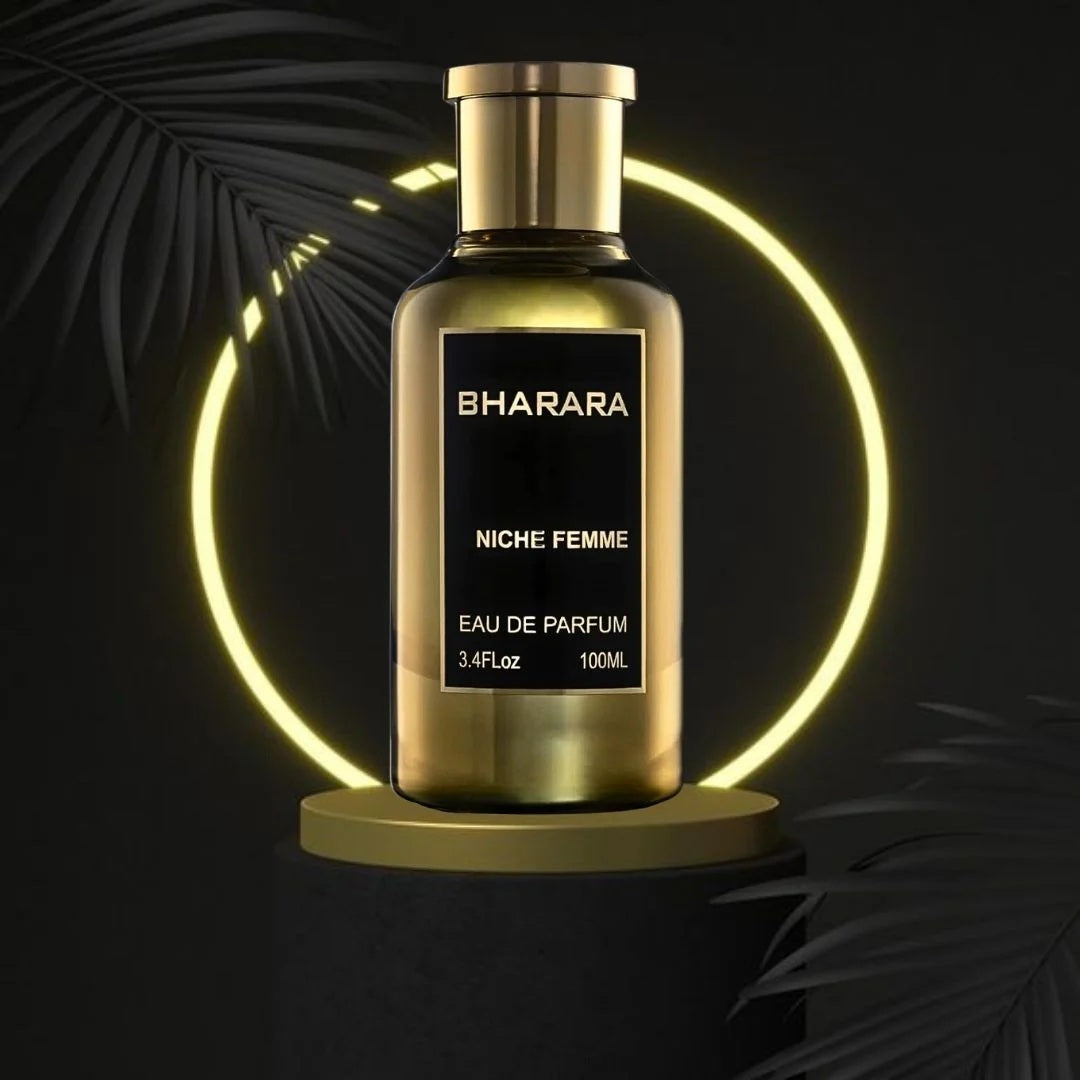 Bharara Niche Femme Eau de Parfum 100ML showcased on a golden pedestal with a glowing neon circle, highlighting the bottle’s sleek gold design against a black luxury backdrop.