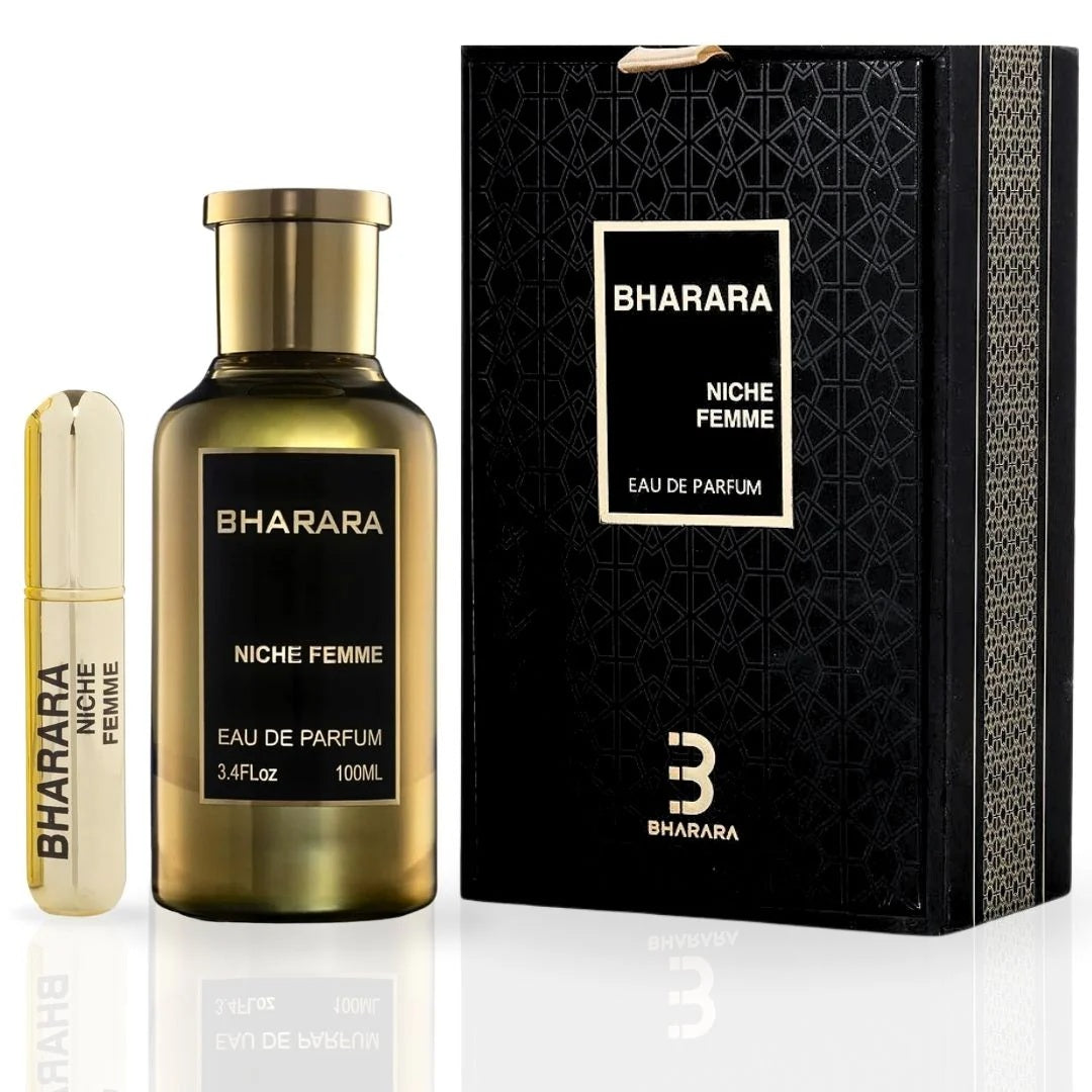 Bharara Niche Femme perfume gift set including a 100ML Eau de Parfum bottle, matching gold travel spray, and a black textured box with gold accents—ideal for elegant, romantic scents.