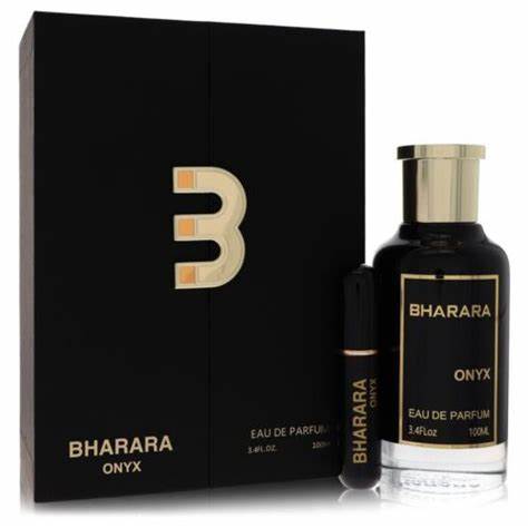 Bharara Onyx Eau De Parfum 100ML set with luxury gift box, full-size bottle, and travel spray – bold masculine fragrance for men.