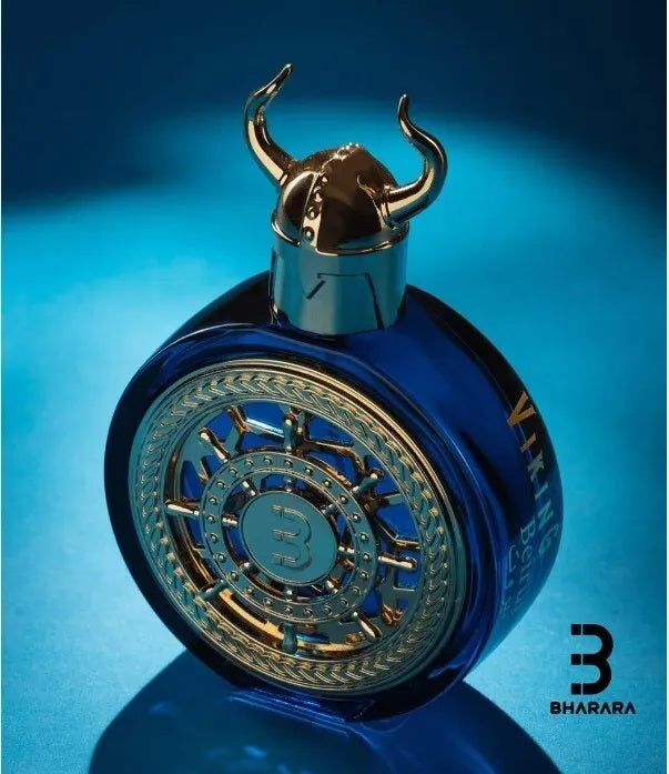Close-up of Bharara Viking Dubai Eau De Parfum bottle with horned cap – bold and elegant men’s cologne in deep blue and gold.
