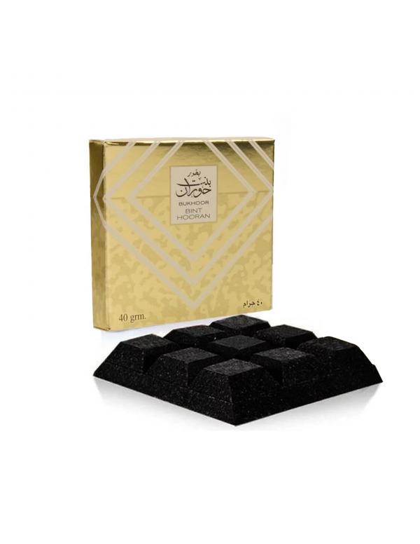 Bint Hooran Bukhoor by Ard Al Zaafaran, a luxurious 40g Arabian incense featuring citrus, fruity, and musky notes, displayed with elegant gold packaging and shaped pieces.
