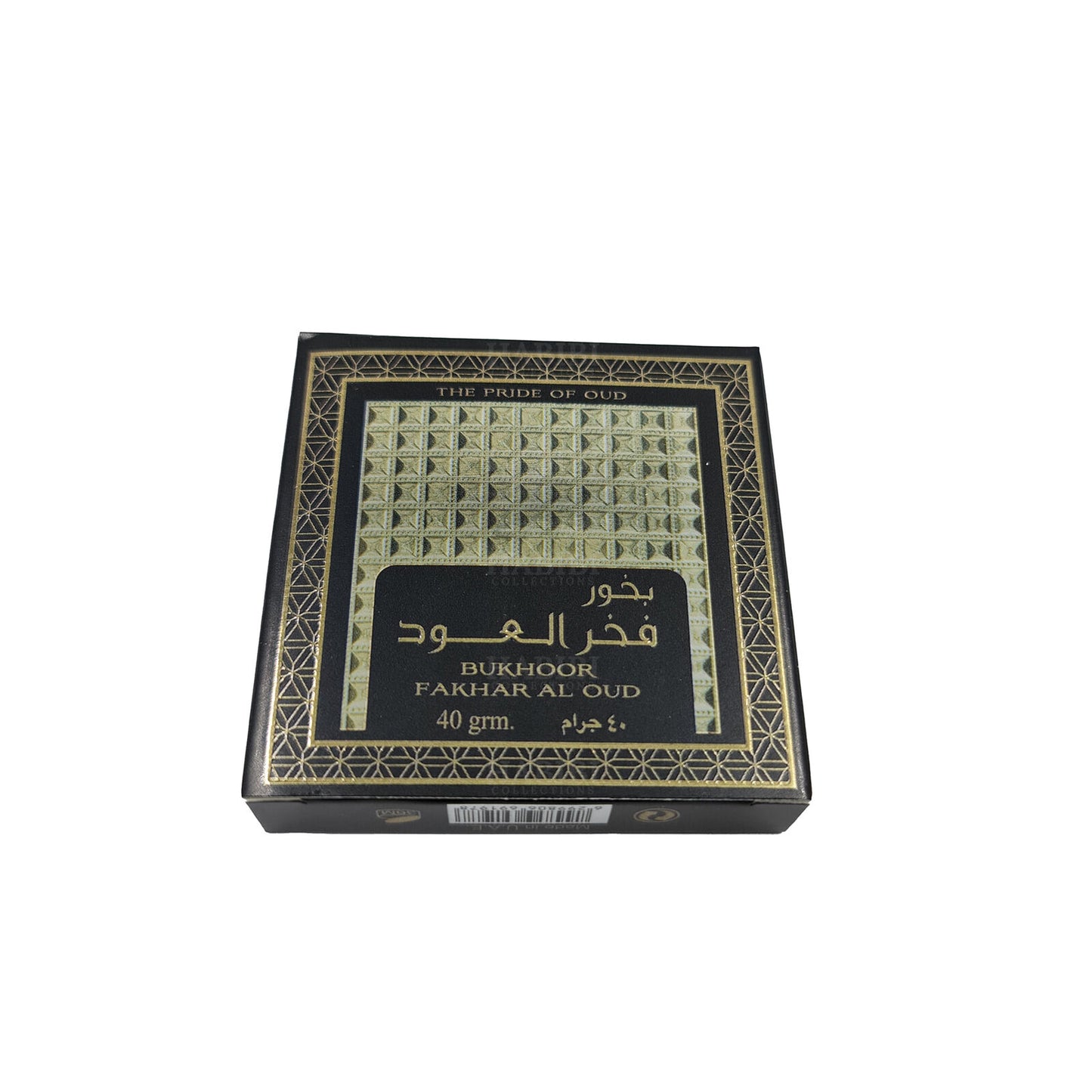 Bukhoor Fakhar Al Oud by Ard Al Zaafaran, a premium 40g Arabian incense featuring a rich oud fragrance, displayed in an elegant black and gold packaging with geometric patterns.