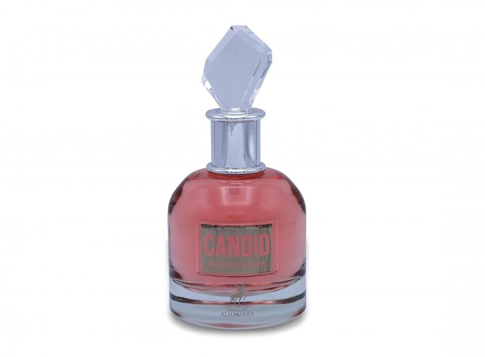 Candid Eau De Parfum 100ml by Maison Alhambra, featuring an elegant glass bottle with a pink hue and a diamond-shaped cap, exuding sophistication.