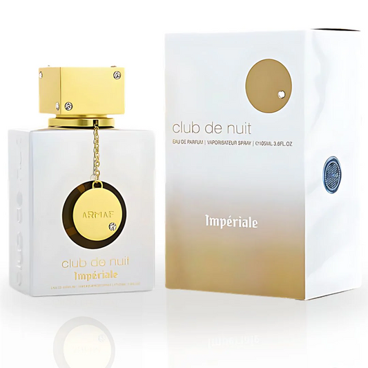 Club De Nuit Imperiale EDP Spray 105ML by Armaf - Luxurious white bottle with golden accents in a sleek package.
