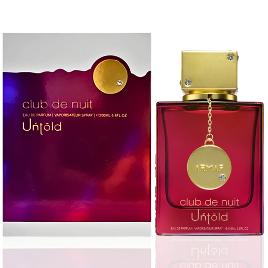 Club De Nuit Untold EDP 105ML by Armaf in an elegant red and gold packaging.