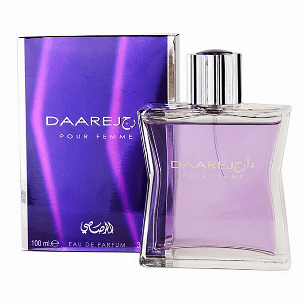 Daarej Pour Femme by Rasasi, a 100ml Eau De Parfum featuring a stunning purple bottle and matching box