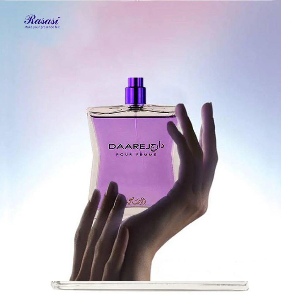 Daarej Pour Femme by Rasasi, showcased artistically with hands and a glowing background.