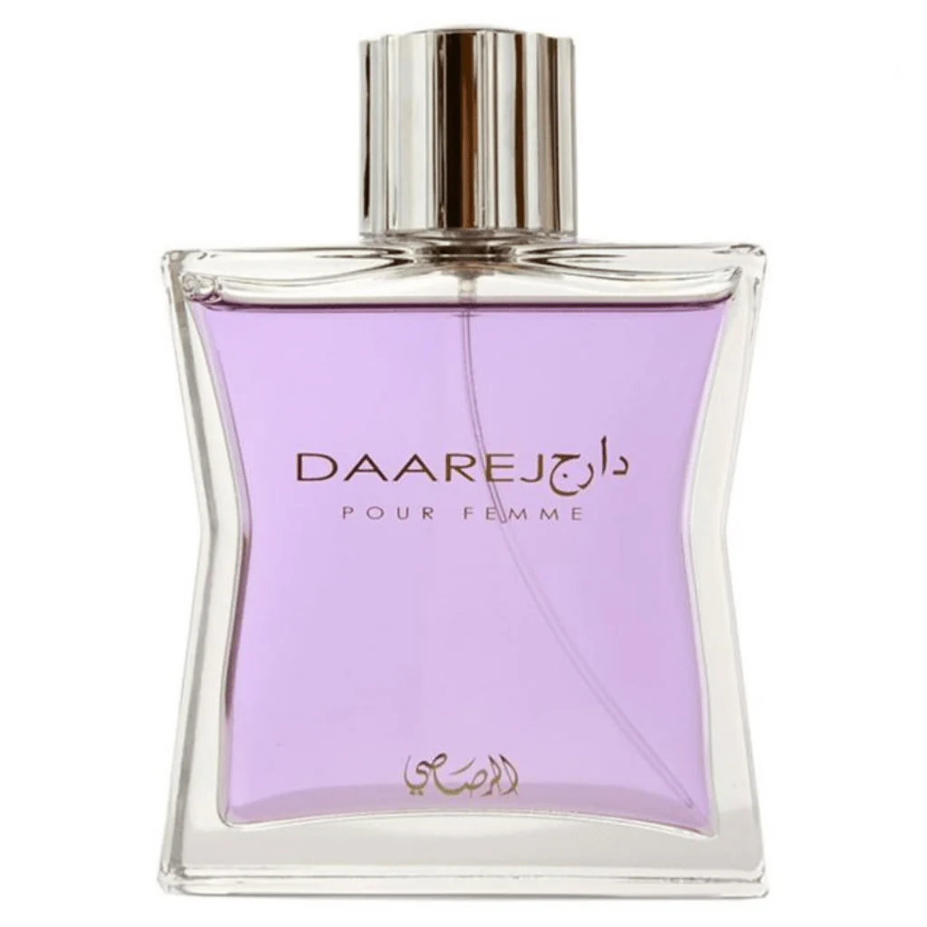 Rasasi Daarej Pour Femme perfume with an elegant purple-hued bottle and silver cap
