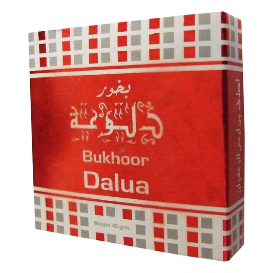Dalua Bakhoor by Ard Al Zaafaran, a premium 40g Arabian incense featuring a rich blend of exotic spices, woods, and floral notes, displayed in its vibrant red packaging.