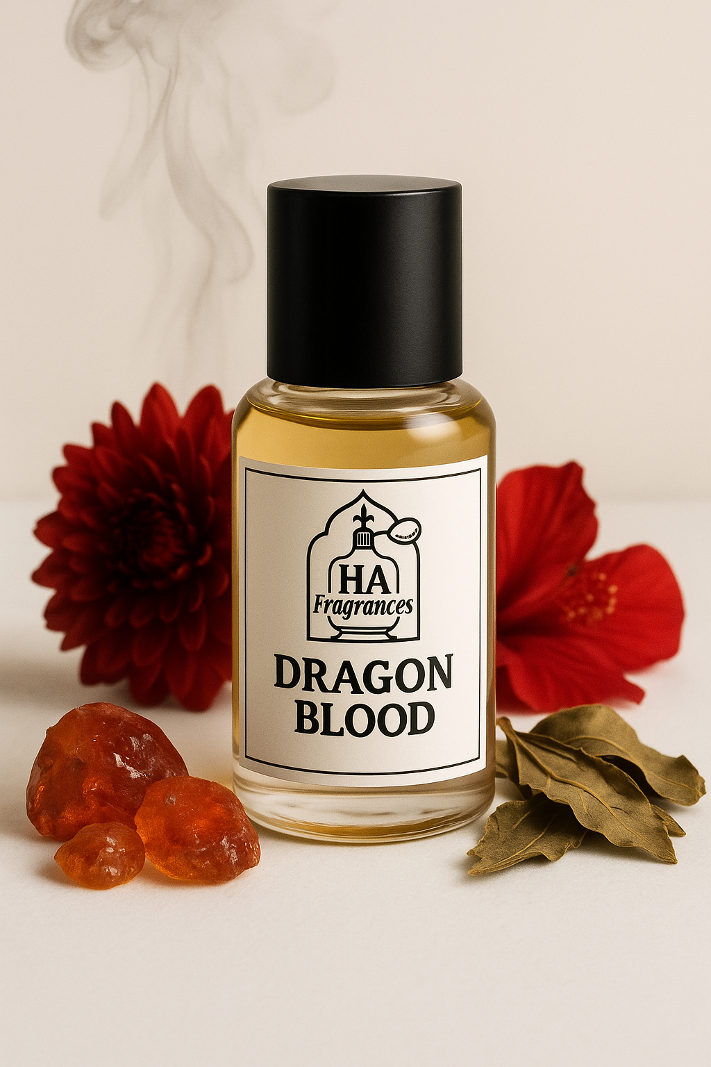 Dragon Blood Inspired perfume oil by HA Fragrances in a clear glass bottle, surrounded by amber resin, patchouli leaves, red florals, and smoky accents on a white background.