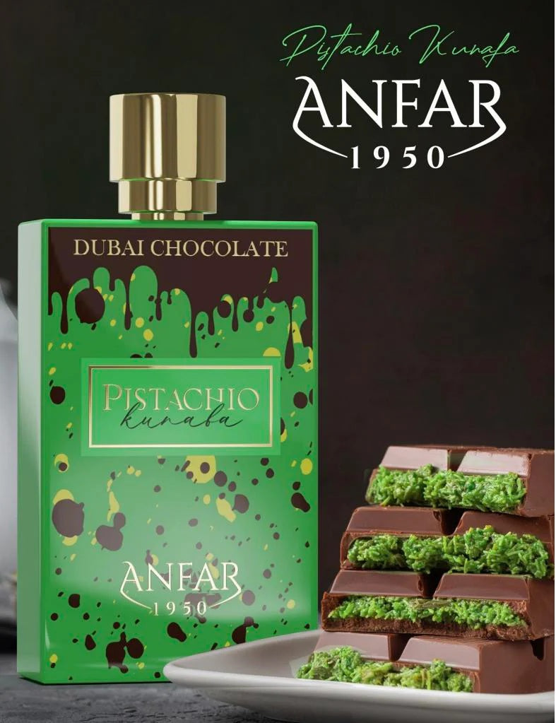 Anfar 1950 Pistachio Kunafa perfume bottle and packaging showcased beside stacked chocolate bars filled with green pistachio layers.
