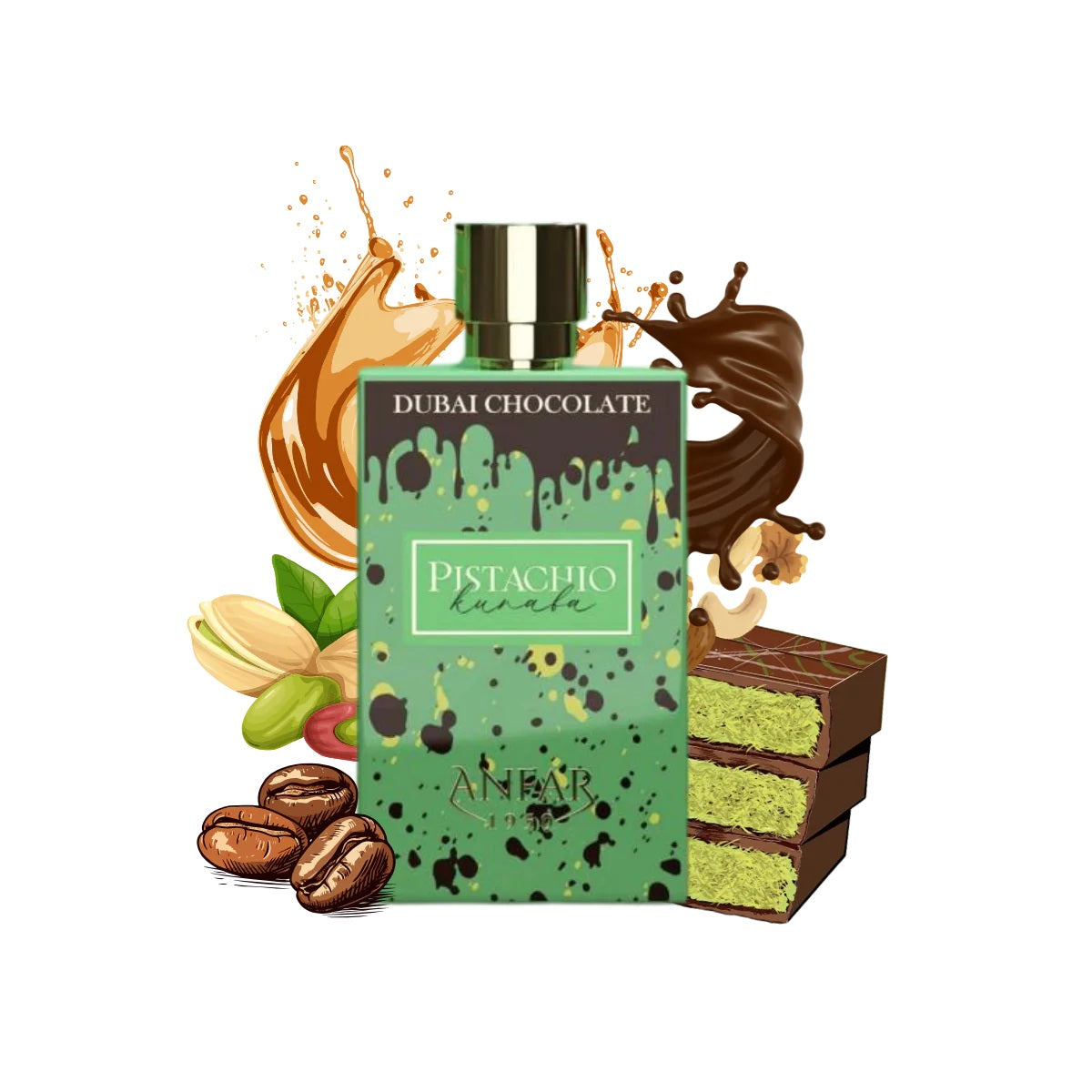 Dubai Chocolate Pistachio Kunafa perfume bottle with illustrated notes of pistachio, coffee, caramel, and chocolate for a rich gourmand vibe.