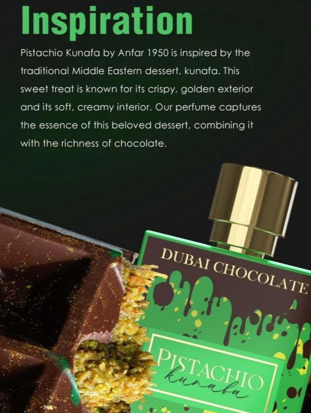 Dubai Chocolate Pistachio Kunafa Perfume by Anfar 1950 displayed next to a broken chocolate bar with pistachio kunafa filling, highlighting the inspiration behind the scent.