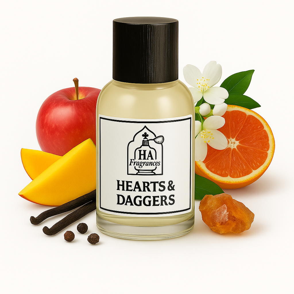 Ed Hardy Hearts & Daggers Inspired perfume oil by HA Fragrances in a clear glass bottle, surrounded by red apple slices, mango pieces, blood orange wedges, jasmine flowers, and amber resin on a white background.