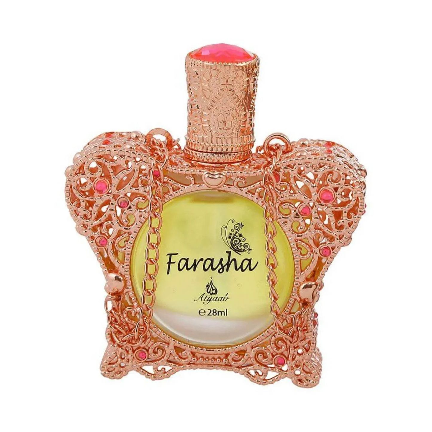 Close-up of Farasha 28ml perfume oil by Khadlaj in a stunning rose gold ornamental bottle with intricate patterns and jewel accents.