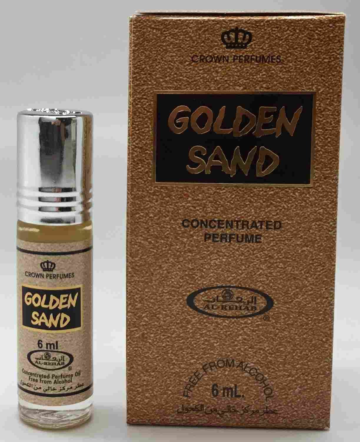 Golden Sand 6ml concentrated perfume oil by Al-Rehab, featuring elegant gold packaging and a roll-on bottle for easy application.