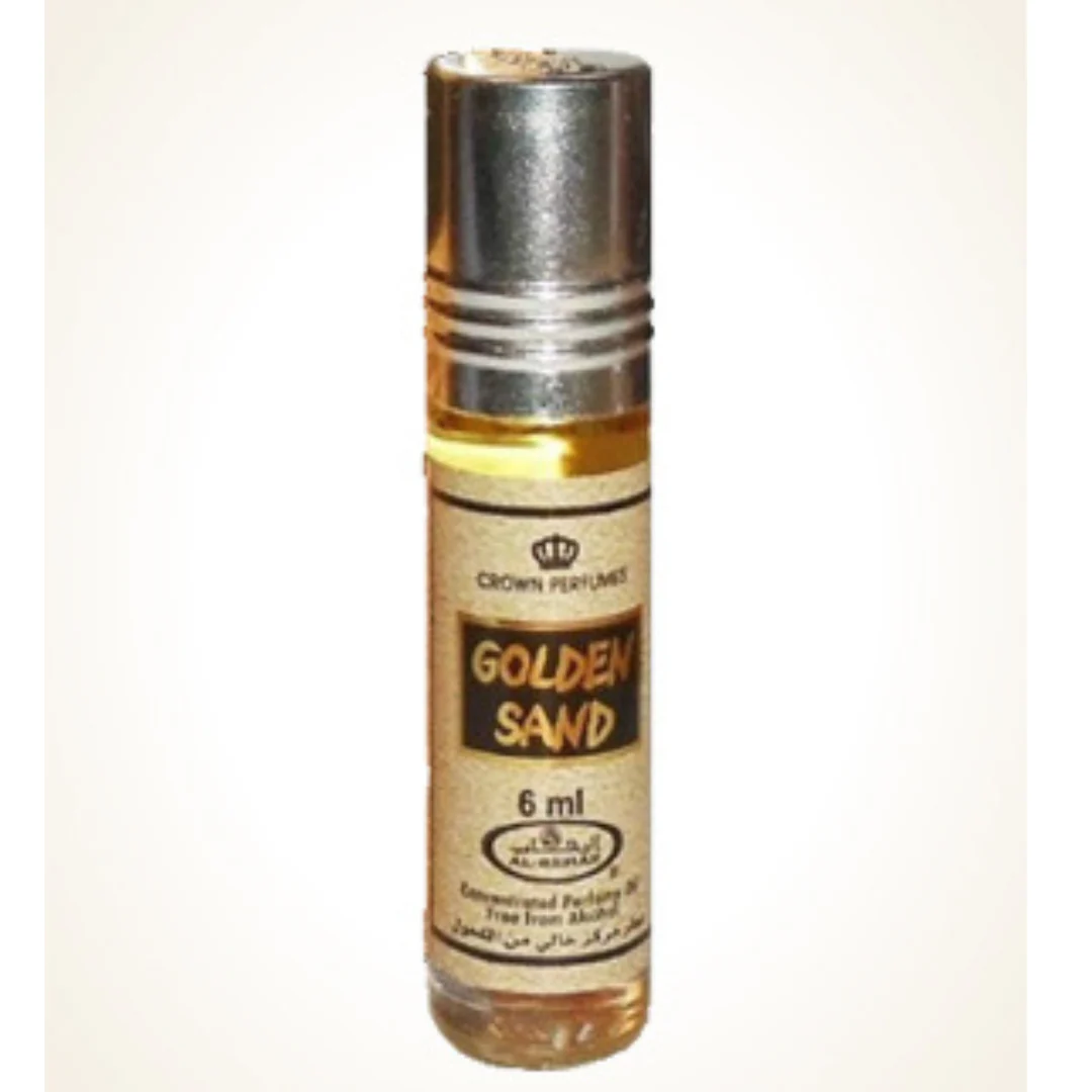 Golden Sand 6ml roll-on concentrated perfume oil by Al-Rehab with a sleek gold design, perfect for a luxurious fragrance experience.