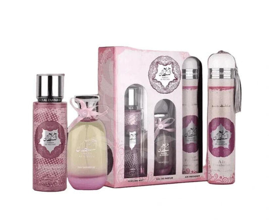 Hareem Al Sultan 3-Piece Gift Set by Ard Al Zaafaran, featuring perfume mist, Eau de Parfum, and air freshener in luxurious pink packaging.