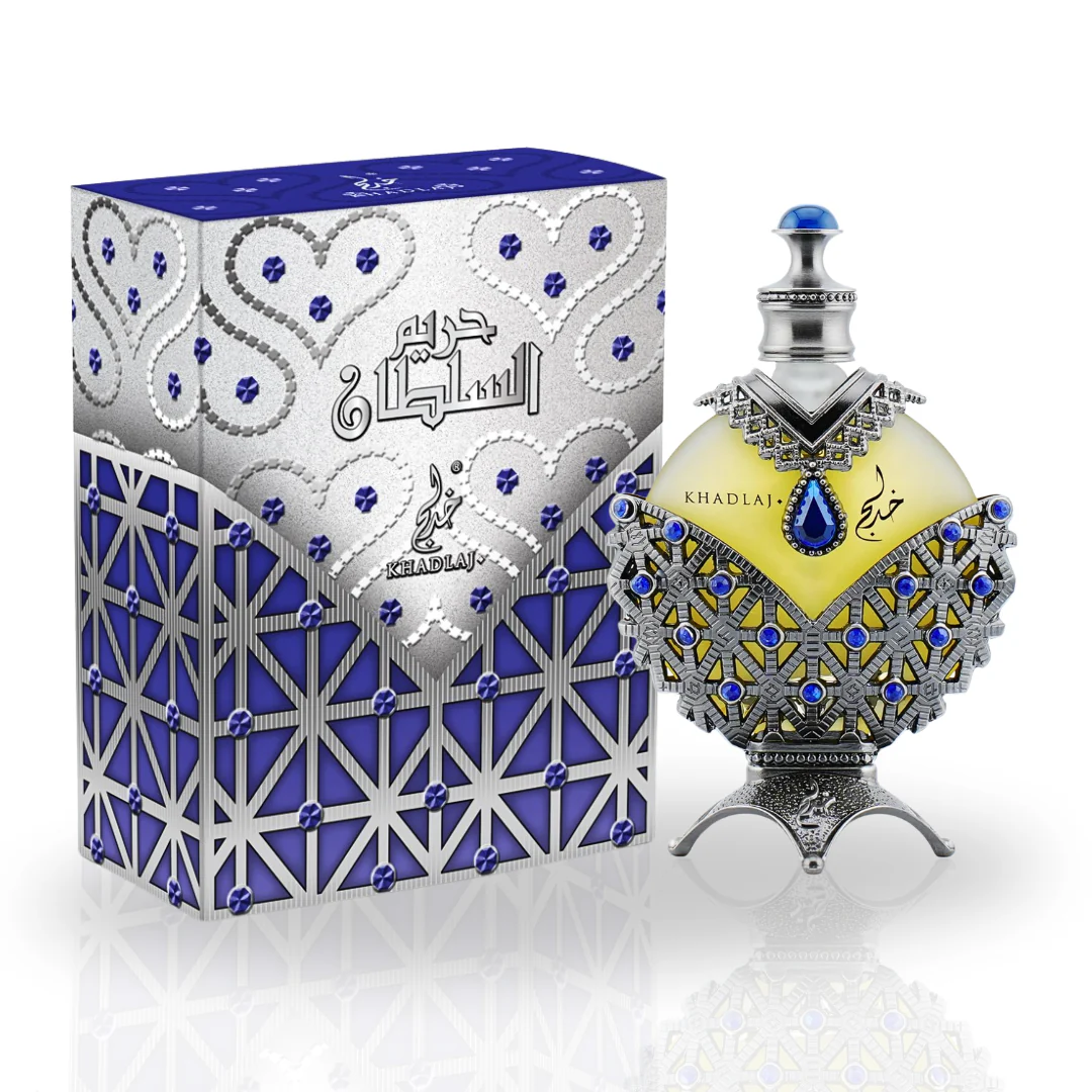 Hareem Al Sultan Blue Antique Perfume Oil by Khadlaj, featuring a luxurious silver and blue ornate bottle with matching detailed packaging.