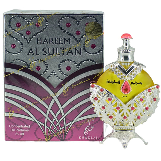 Hareem Al Sultan Concentrated Oil Perfume by Khadlaj, 35ml, featuring a decorative silver and red bottle alongside its elegant packaging.