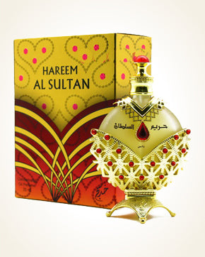 Hareem Al Sultan Gold Perfume Oil by Khadlaj, 35ML, elegantly presented with its golden packaging featuring red and gold ornamental designs.