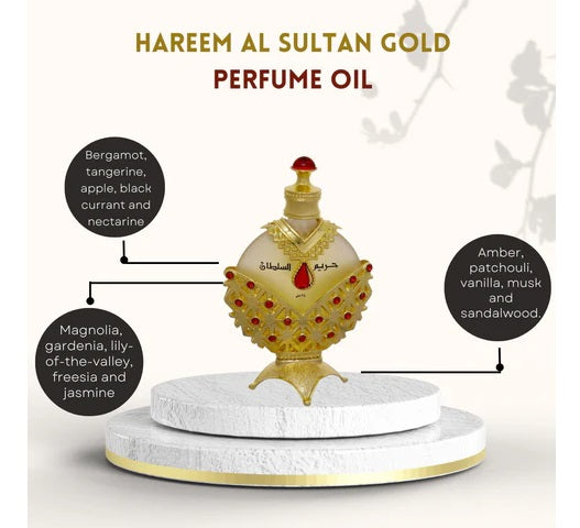 Hareem Al Sultan Gold Perfume Oil by Khadlaj, showcasing its luxurious bottle along with key fragrance notes of bergamot, gardenia, and sandalwood.