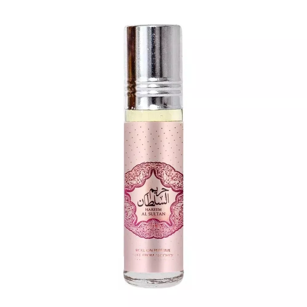 Hareem Al Sultan Concentrated Perfume Oil 10ml roll-on bottle with pink design and silver cap.