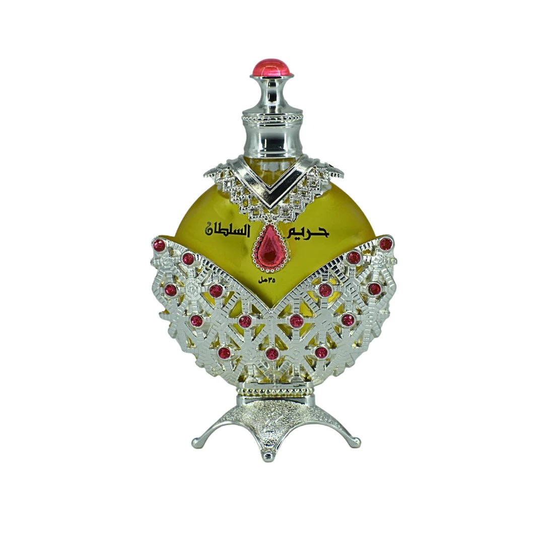 Hareem Al Sultan Perfume Oil by Khadlaj, 35ml, featuring a luxurious silver and red ornate bottle with intricate design details.