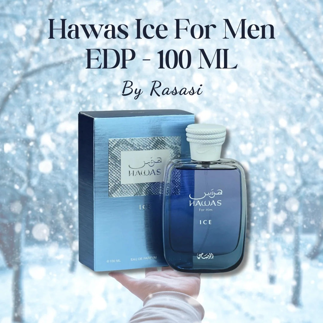 Hawas Ice for Men Eau De Parfum 100ML by Rasasi displayed with its blue packaging and snowy background.