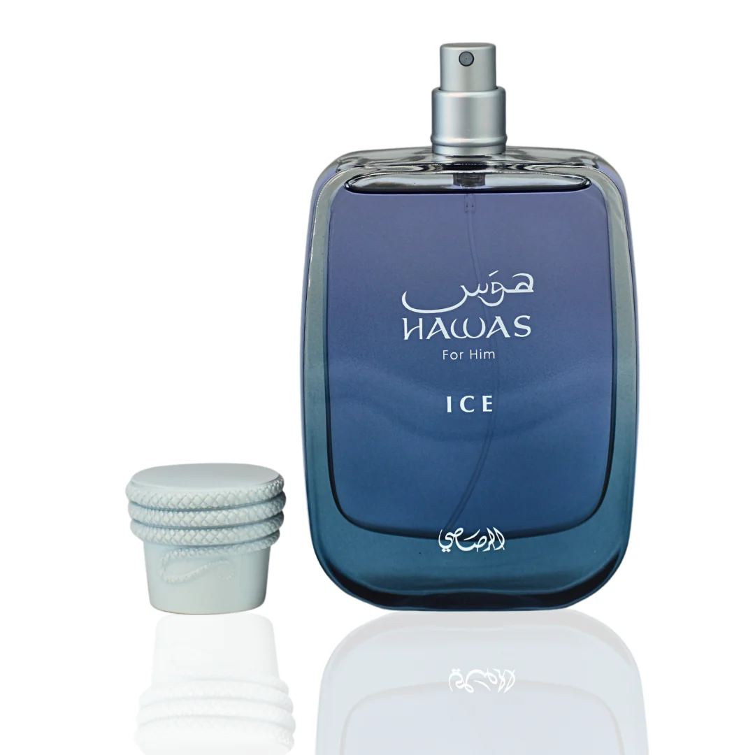 Rasasi Hawas Ice for Men with an open sprayer, showcasing the elegant blue bottle design.