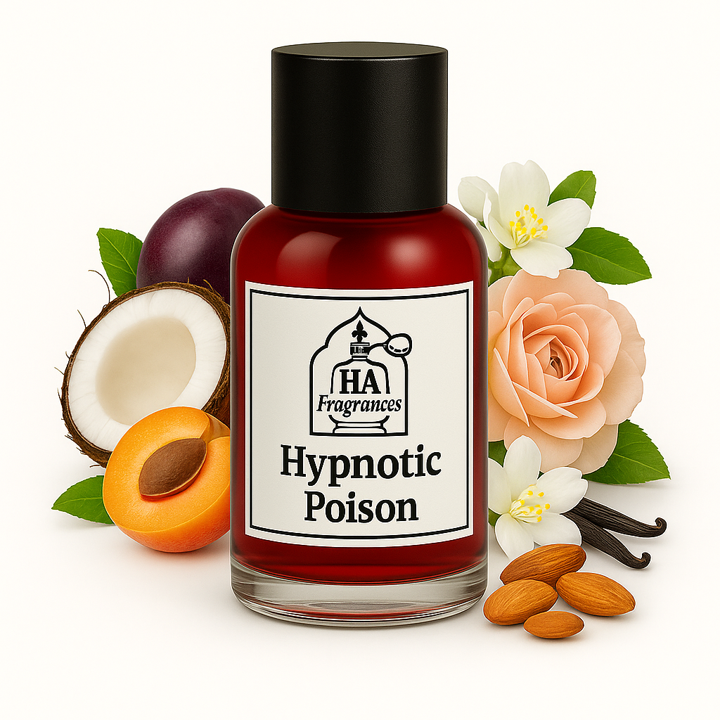 Hypnotic Poison Type perfume oil by HA Fragrances in a clear bottle with soft red accents, surrounded by coconut halves, plum slices, vanilla bean, almond, jasmine, and pink rose on a white background.