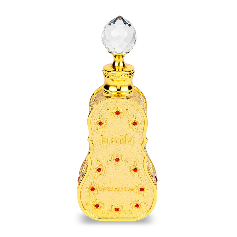Luxurious Jamila perfume bottle by Swiss Arabian featuring a golden violin-inspired design with intricate red accents.