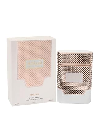 Khadlaj Shiyaaka White Eau De Parfum for Women, 3.4 oz, displayed with its elegant white and rose gold packaging.