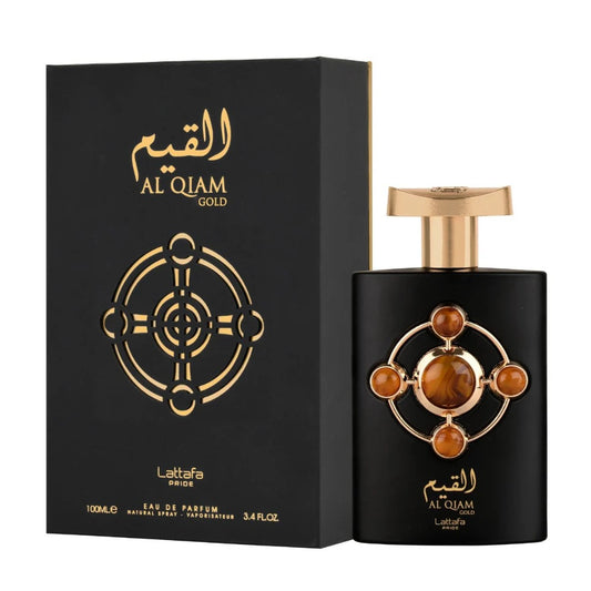 Al Qiam Gold by Lattafa Pride – elegant black and gold perfume bottle with amber gem design