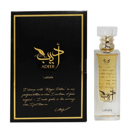 Adeeb Eau De Parfum by Lattafa – 80ML unisex fragrance with a refined black and gold box, embodying an intense and luxurious scent.