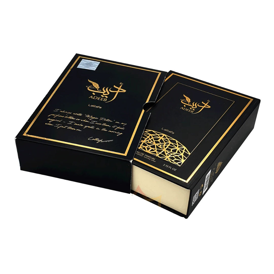 Adeeb EDP 80ML by Lattafa – Exquisite black and gold packaging with Arabic calligraphy, designed for a luxurious fragrance experience.