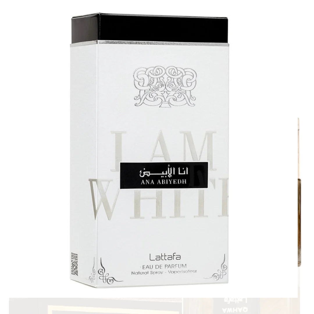 Ana Abiyedh Eau de Parfum by Lattafa - 60ml sleek and elegant white packaging with intricate design and 'I Am White' branding.
