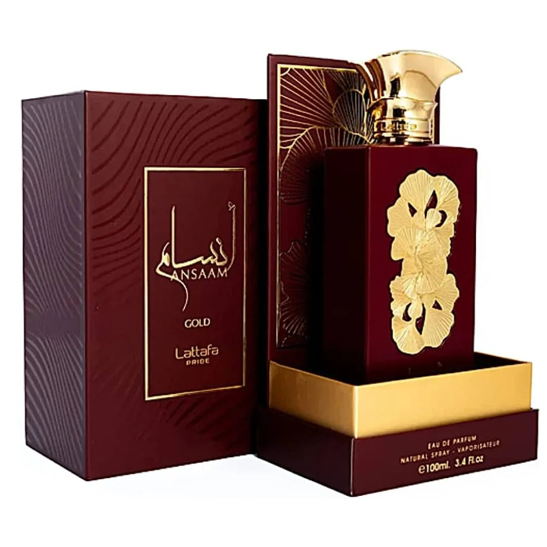 Lattafa Pride Ansaam Gold EDP 100mL – A sophisticated perfume with rich floral and fruity notes, beautifully packaged in a premium box.