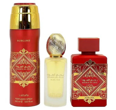 Lattafa Bade’e Al Oud Sublime Fragrance Collection – Eau de Parfum, Hair Mist, and Deodorant Spray with luxurious red and gold design.
