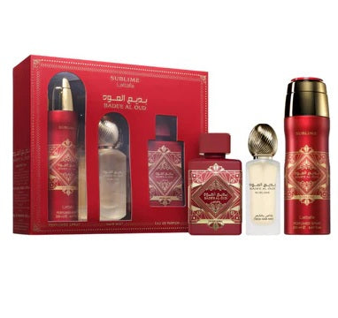 Lattafa Bade’e Al Oud Sublime Gift Set for Men – Includes Eau de Parfum, Hair Mist, and Deodorant Spray in elegant red and gold packaging