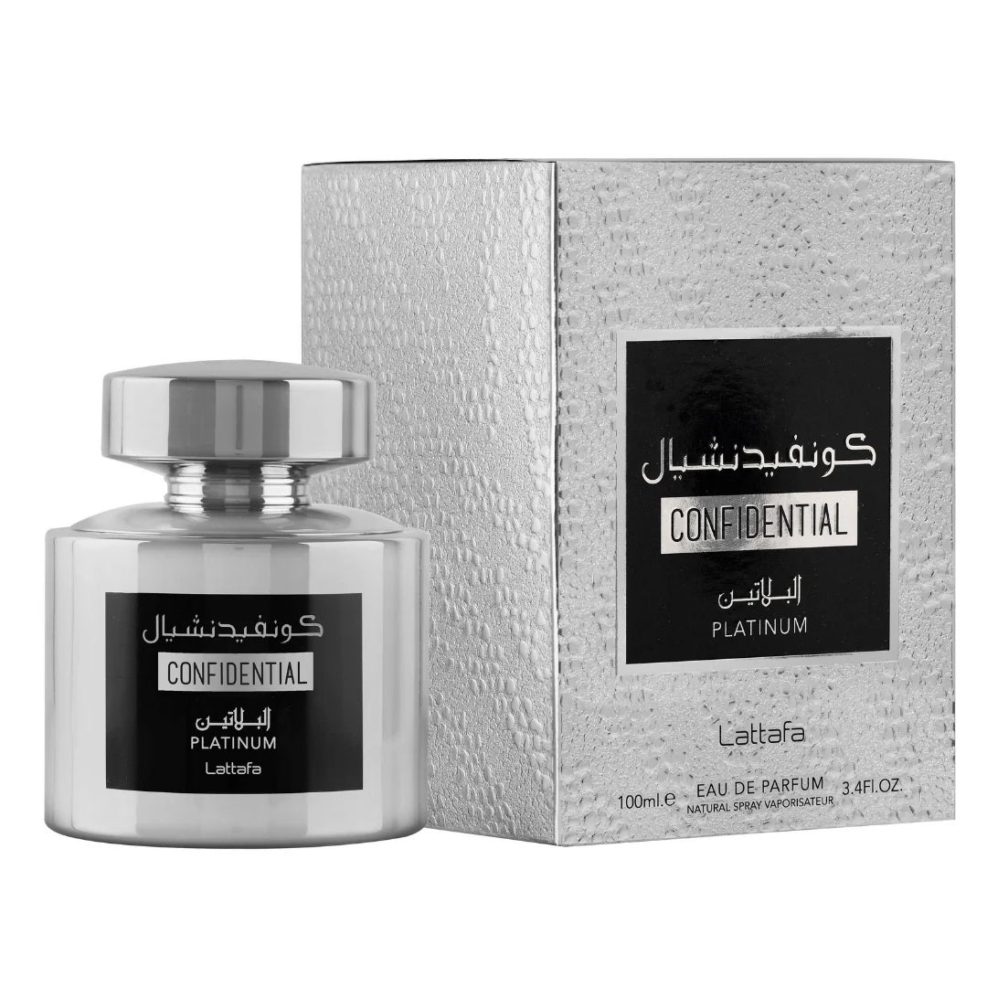 Confidential Platinum Eau De Parfum by Lattafa – 100ML unisex fragrance with an elegant silver bottle and textured metallic packaging for a premium feel.
