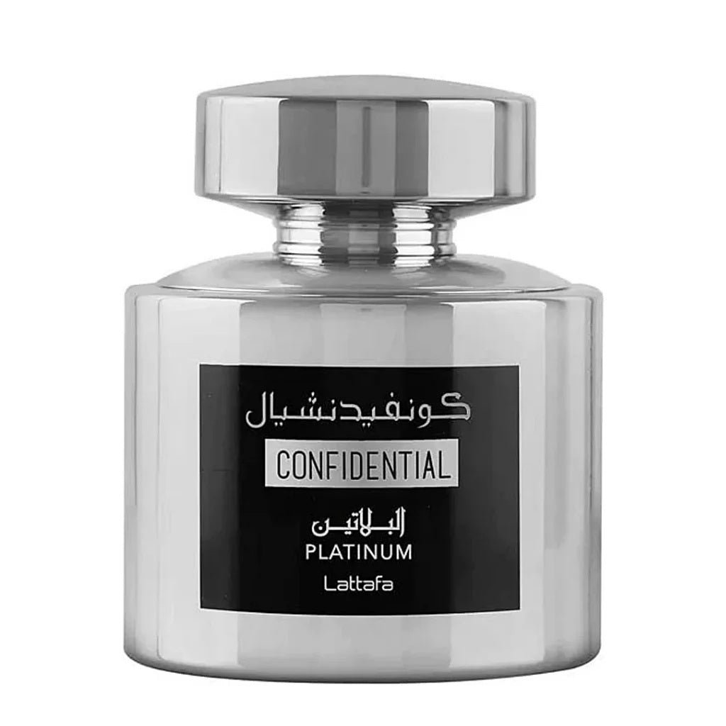 Confidential Platinum EDP 100ML by Lattafa – Sleek silver perfume bottle with black and white labeling, representing luxury and sophistication.