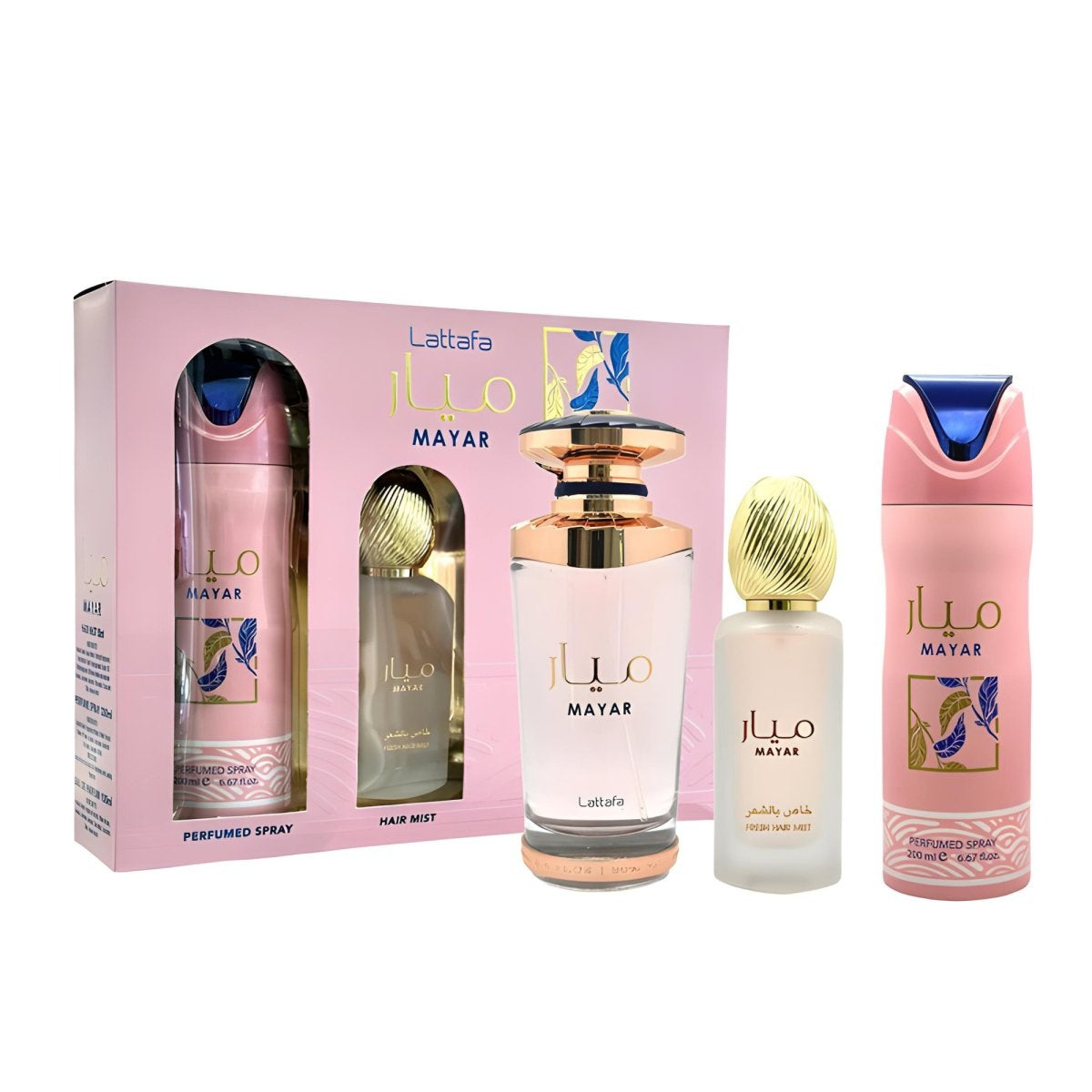 Lattafa Mayar Ladies Gift Set – Includes Eau de Parfum, Hair Mist, and Deodorant Spray in elegant pink and gold packaging.