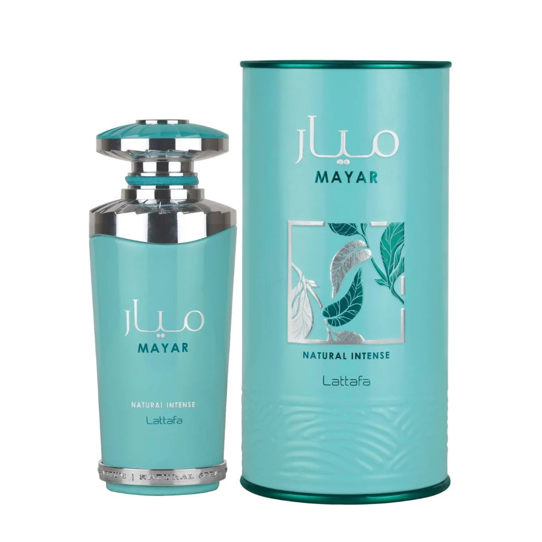 Mayar Natural Intense EDP by Lattafa – 100ML perfume bottle alongside its sleek turquoise packaging, offering an exotic and long-lasting fragrance.