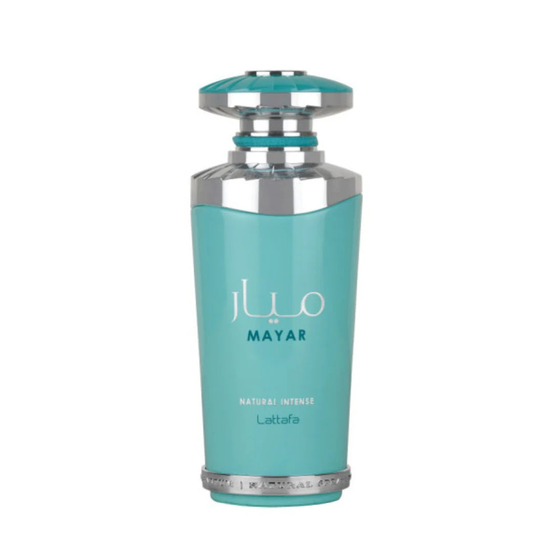Mayar Natural Intense EDP 100ML by Lattafa – Stylish turquoise and silver perfume bottle with a sophisticated design.