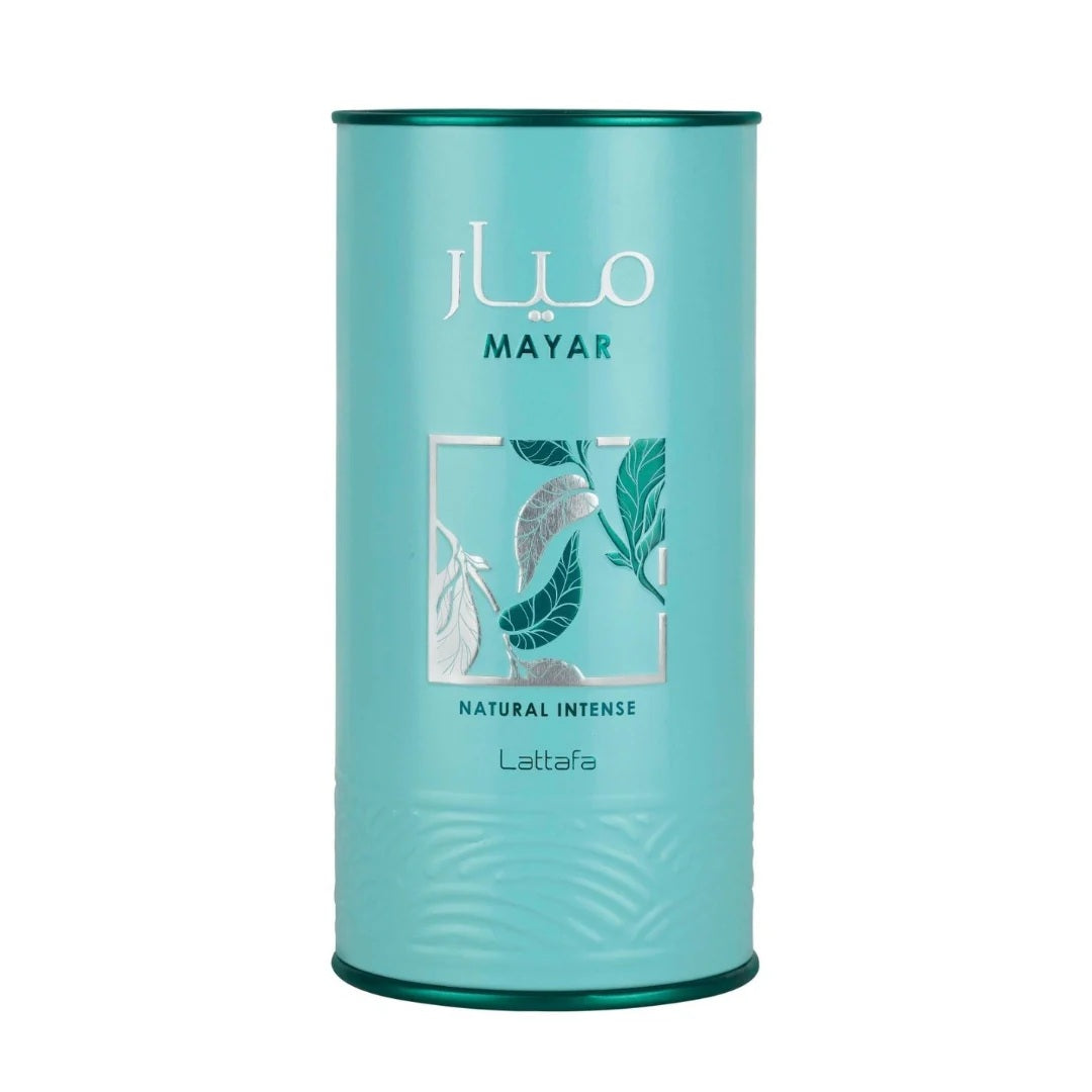 Mayar Natural Intense EDP by Lattafa – Elegant turquoise cylindrical packaging with a tropical leaf design, showcasing a luxurious fragrance.