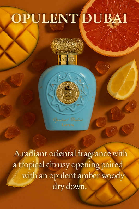 Lattafa Opulent Dubai perfume bottle surrounded by fresh mango, grapefruit, lemon slices, and amber resin pieces – highlighting the tropical citrus and amber-woody scent.