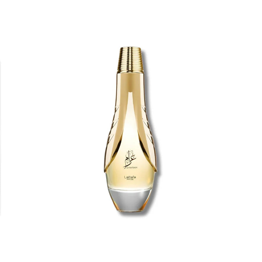 Lattafa Pride Gharam perfume bottle with gold and glass finish isolated on white background