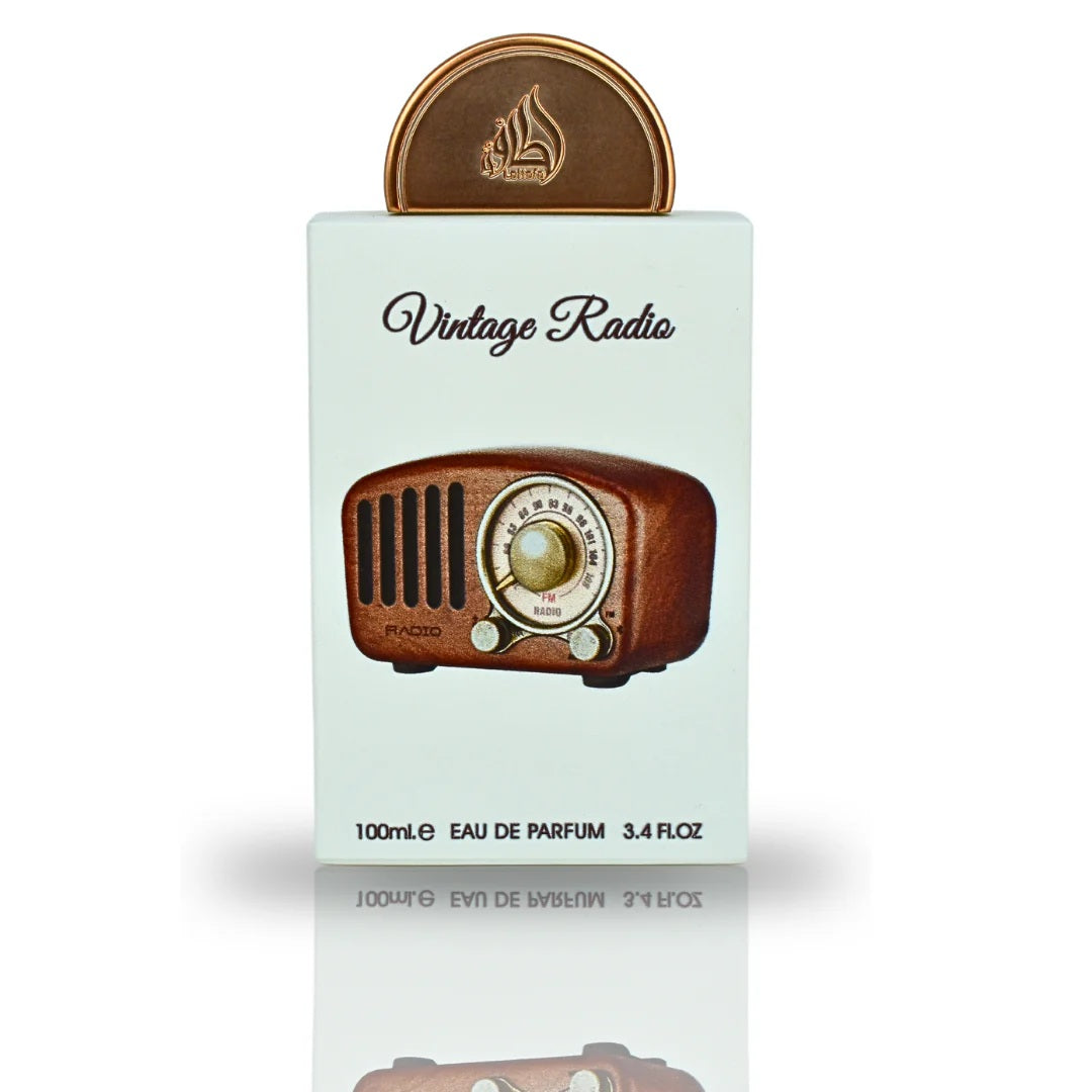 Close-up of Vintage Radio Eau de Parfum 100mL by Lattafa Pride, showcasing its elegant packaging with a vintage radio illustration.